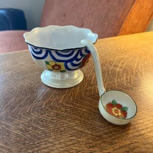 Vintage Japanese CHIKUSA Pedestal Bowl and Ladel. Hand-Painted and lovely!